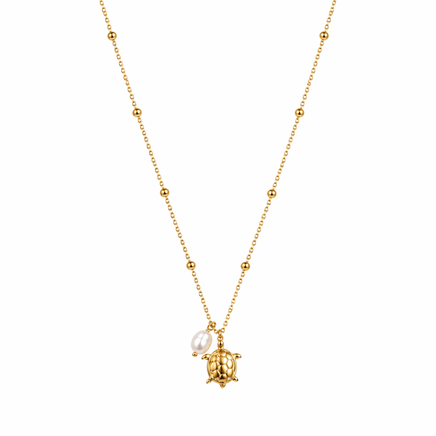 A gold-plated stainless steel chain for women featuring small bead stations and a sea turtle pendant with a single pearl