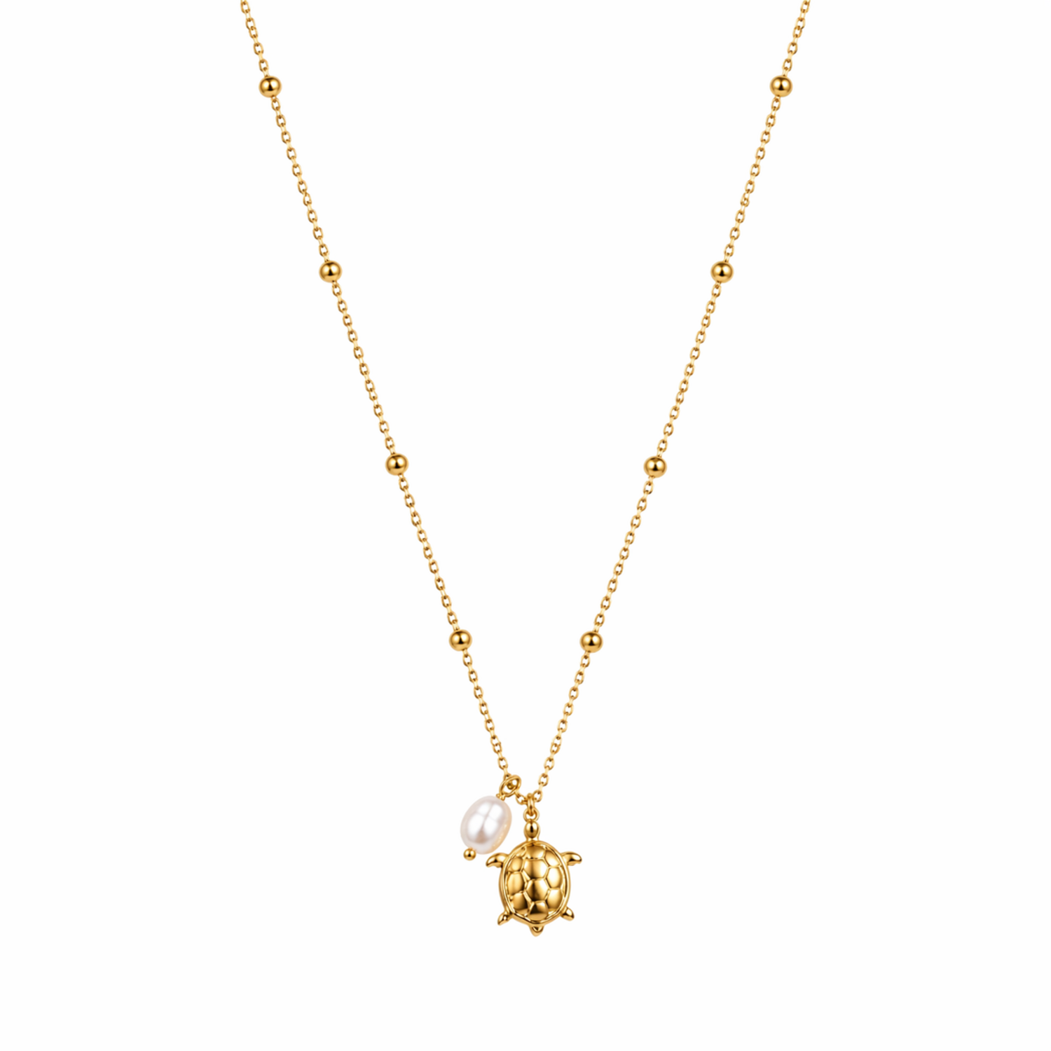 A gold-plated stainless steel chain for women featuring small bead stations and a sea turtle pendant with a single pearl