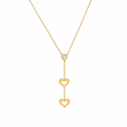 A gold-plated stainless steel chain for women featuring a heart-cut crystal and two open-heart charms in a cascading lariat style.