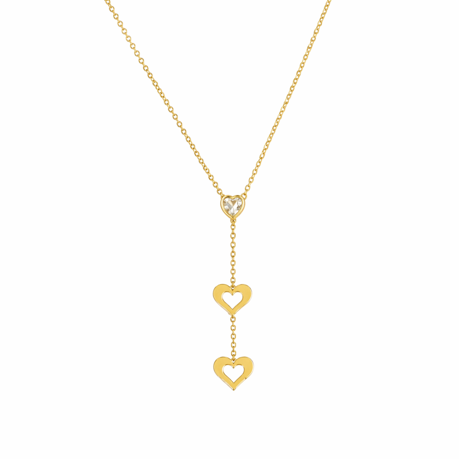 A gold-plated stainless steel chain for women featuring a heart-cut crystal and two open-heart charms in a cascading lariat style.