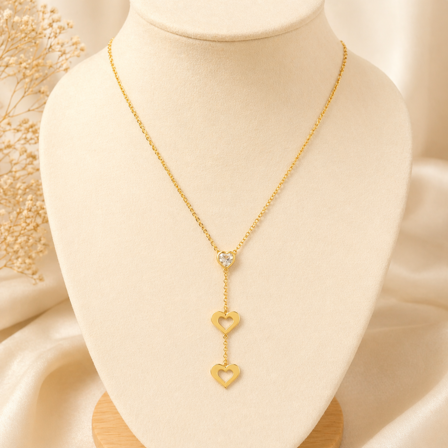 A gold-plated stainless steel chain for women featuring a heart-cut crystal and two open-heart charms in a cascading lariat style on a jewellery display