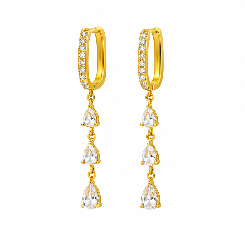 A pair of gold-plated long earrings for women featuring a rectangular hoop and three dangling pear-cut crystals, shown on a white background.