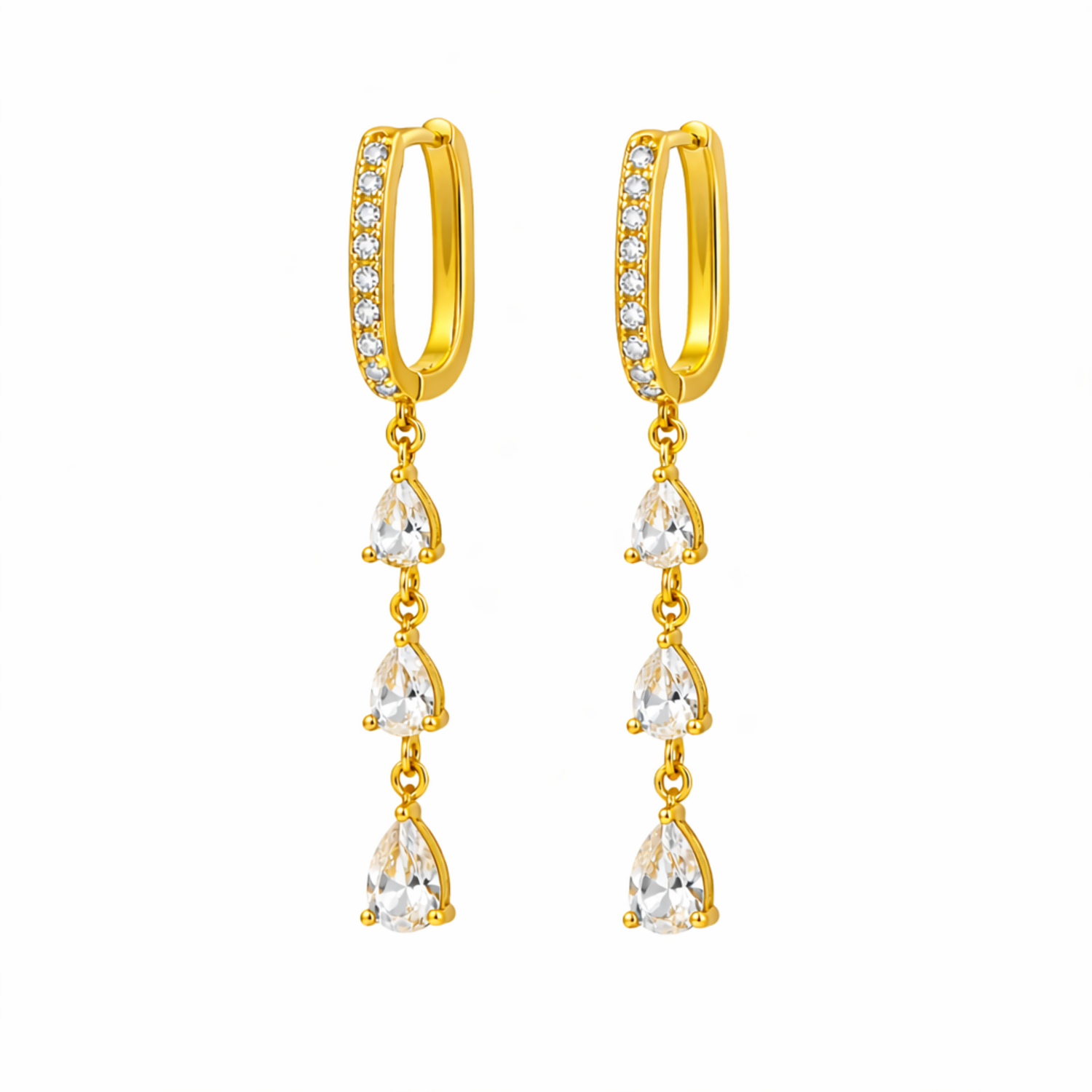 A pair of gold-plated long earrings for women featuring a rectangular hoop and three dangling pear-cut crystals, shown on a white background.