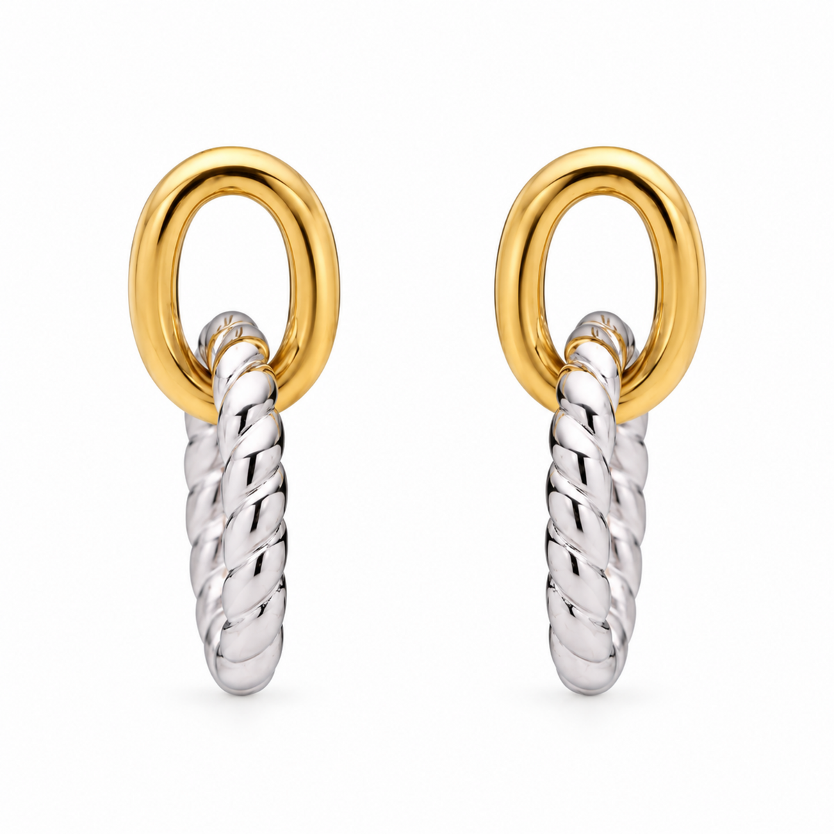 A pair of gold and silver drop earrings with oval hoops and twisted rope-style drops, shown on a plain white background.