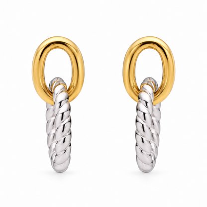 A pair of gold and silver drop earrings with oval hoops and twisted rope-style drops, shown on a plain white background.