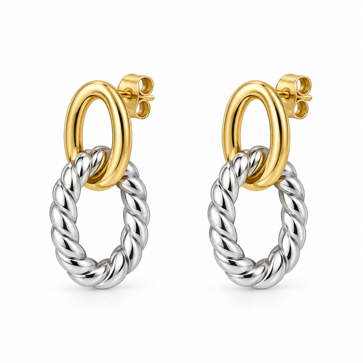 A pair of gold and silver hoop earrings on a plain white background. Each earring features a polished gold hoop at the top connected to a twisted silver rope hoop below.