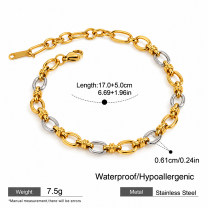 Gold and stainless steel chain link bracelet with measurement annotations, weight of 7.5g, and text stating waterproof and hypoallergenic on a white background.