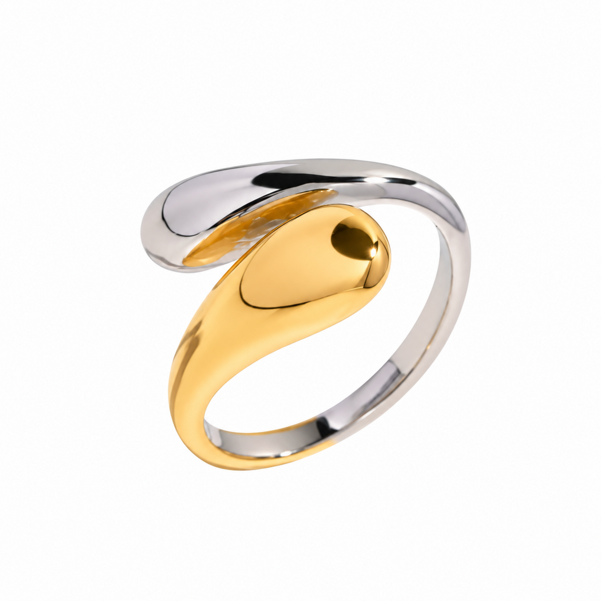 Two-Tone Sculptural Adjustable Ring with polished gold and silver curved elements in an open design.