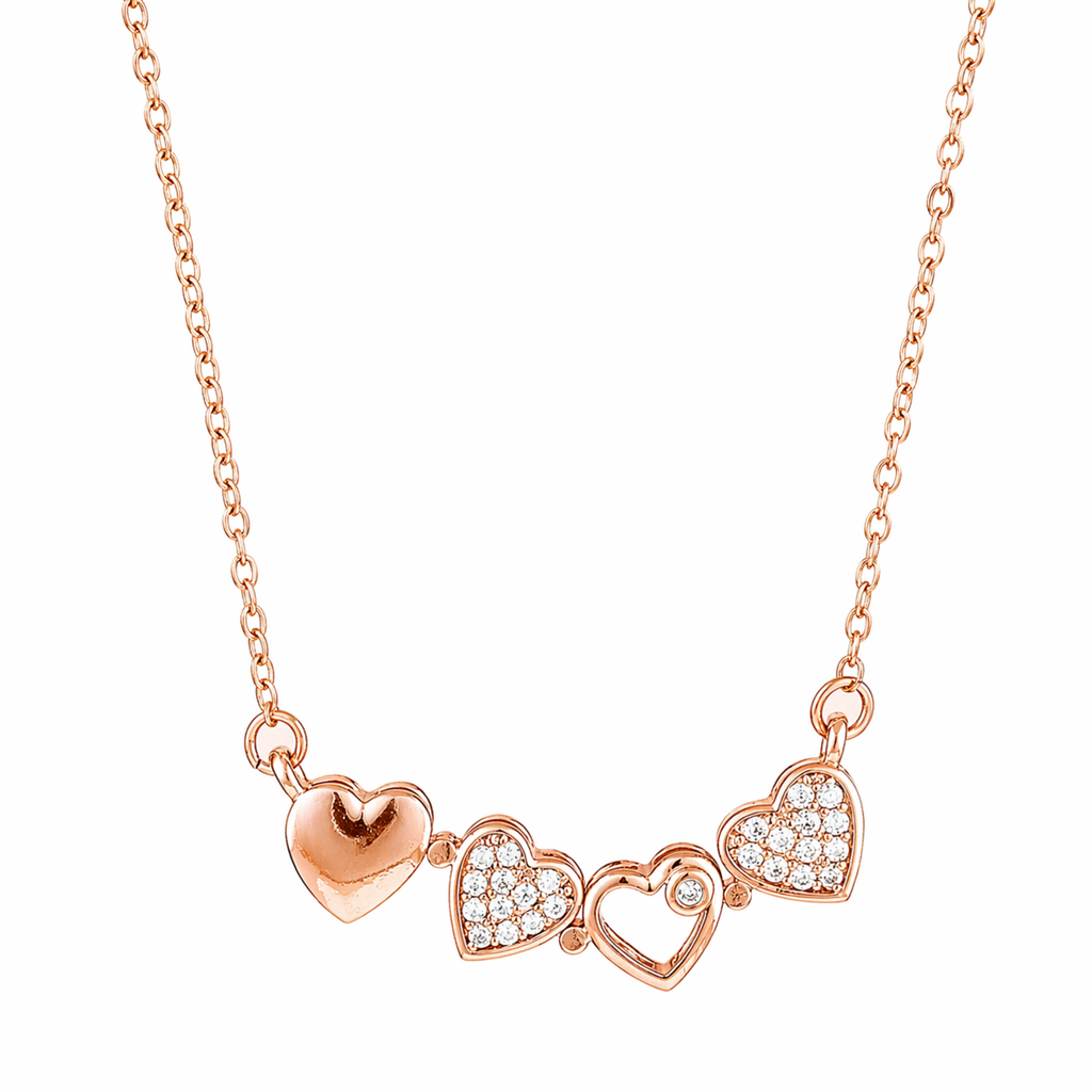 A rose gold-plated stainless steel chain for women featuring a magnetic clover pendant that unfolds into four crystal-embellished hearts.