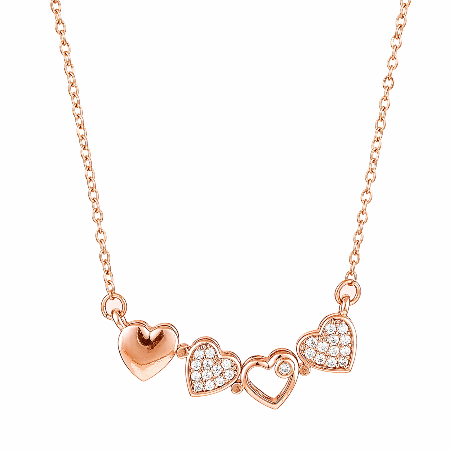 A rose gold-plated stainless steel chain for women featuring a magnetic clover pendant that unfolds into four crystal-embellished hearts.