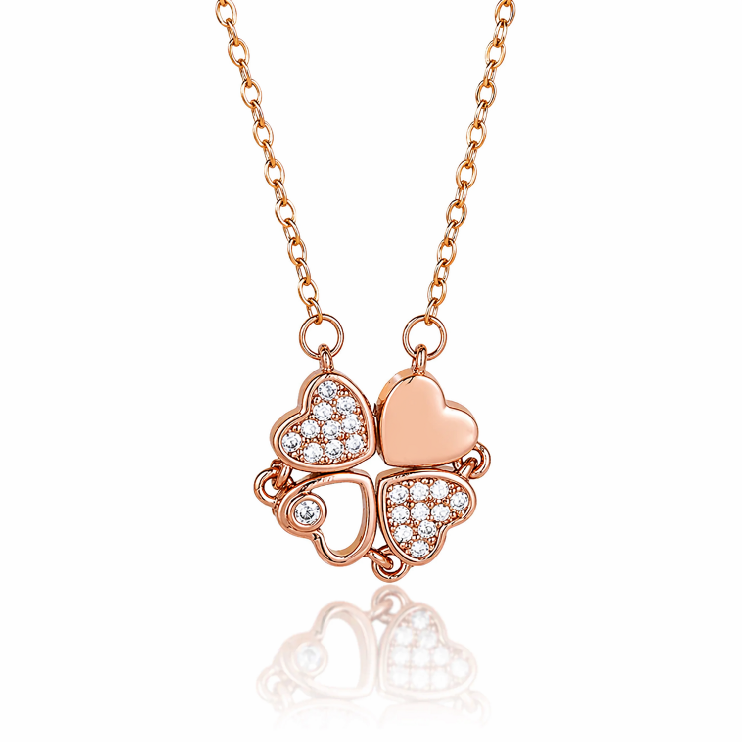 A close-view of rose gold-plated stainless steel chain for women featuring a magnetic clover pendant that unfolds into four crystal-embellished hearts.