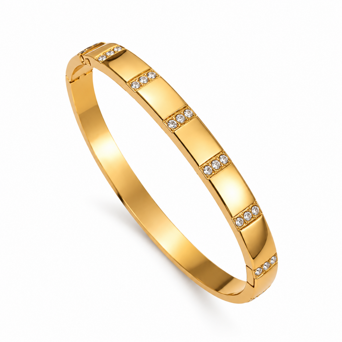 Crystal Bangle Bracelet with rectangular clear crystal accents on a gold-plated band.