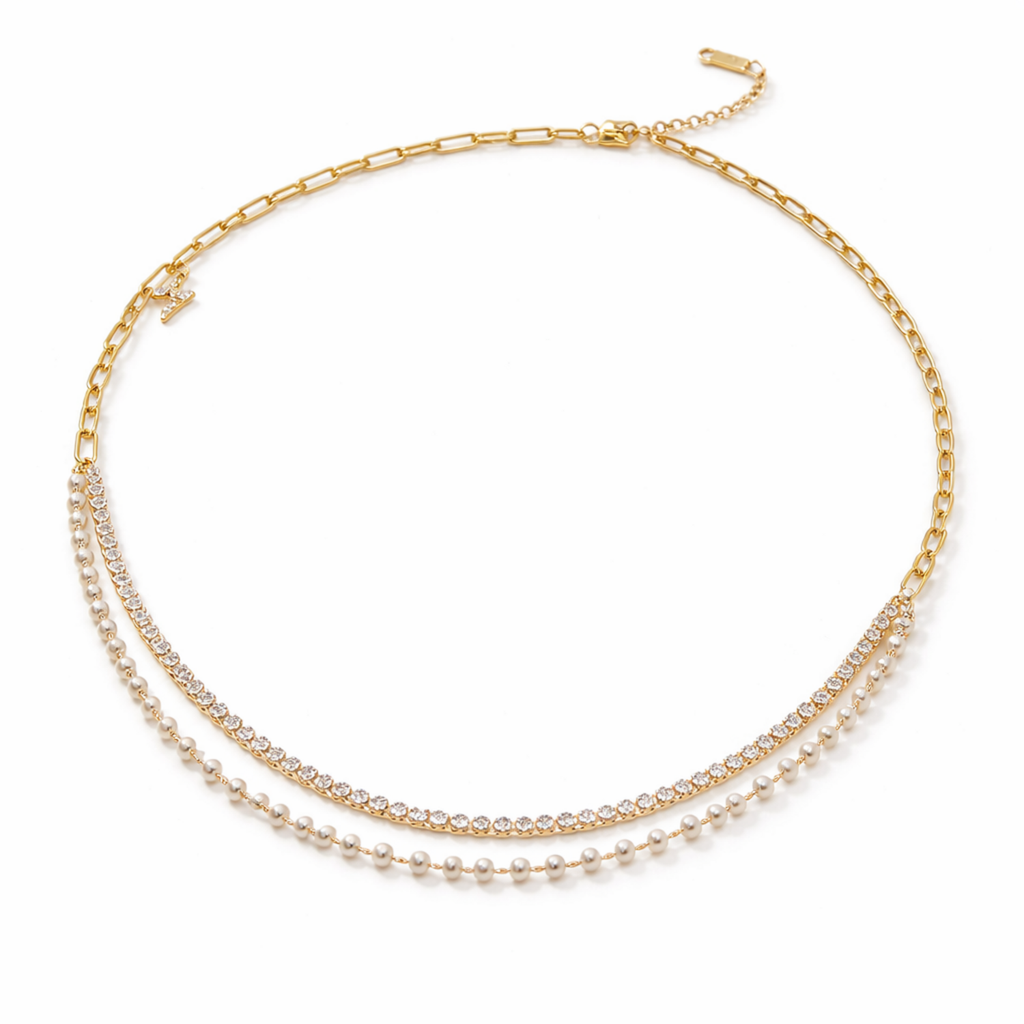 A versatile 2-in-1 gold-plated jewelry piece shown as both a layered bracelet for women on a white background