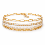 A close-view of a versatile 2-in-1 gold-plated jewelry piece shown as both a layered bracelet for women on a white background