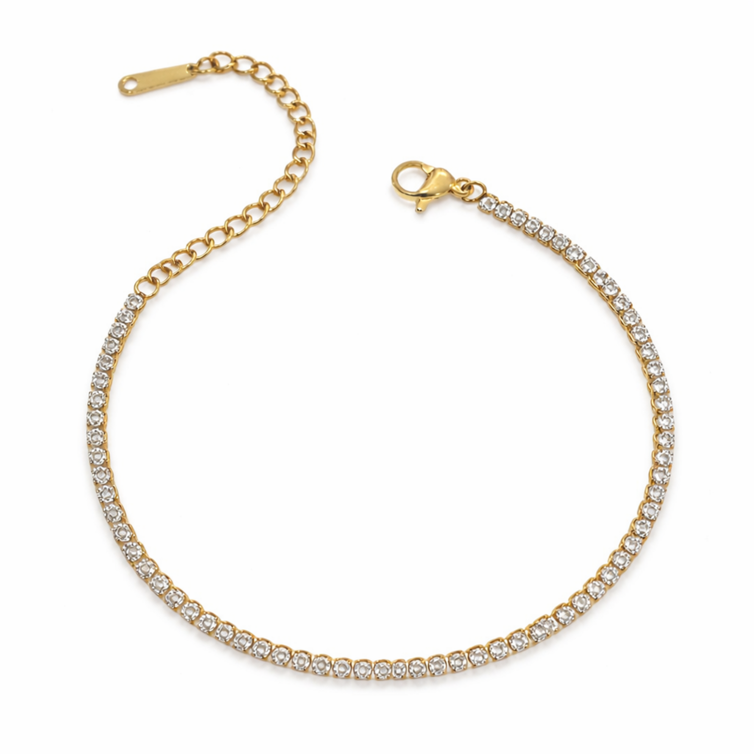 A delicate, thin gold-plated tennis bracelet for women shown on a white background