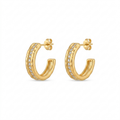 A pair of gold-plated open hoop earrings for women featuring a central row of crystals, shown against a clean white background.