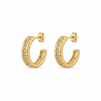 A pair of gold-plated open hoop earrings for women featuring a central row of crystals, shown against a clean white background.