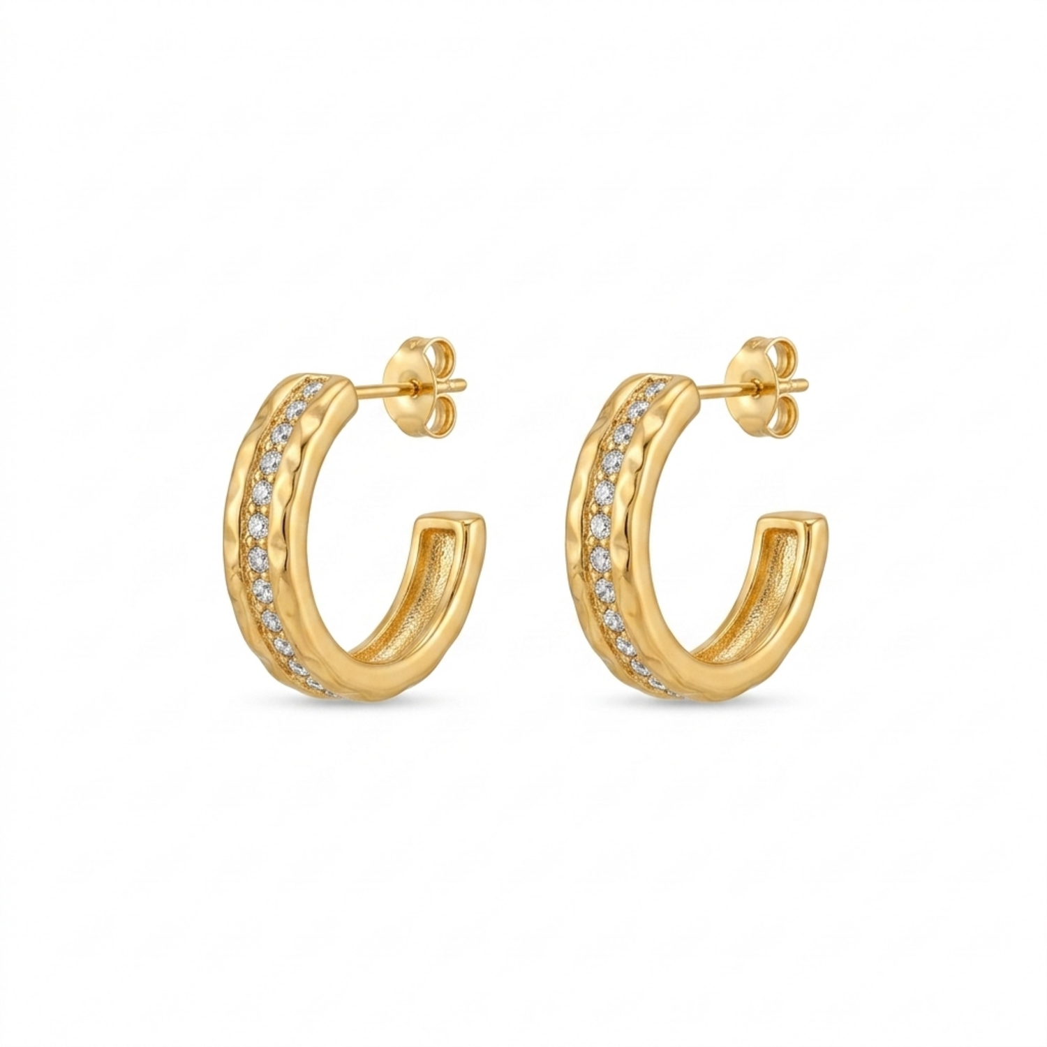 A pair of gold-plated open hoop earrings for women featuring a central row of crystals, shown against a clean white background.